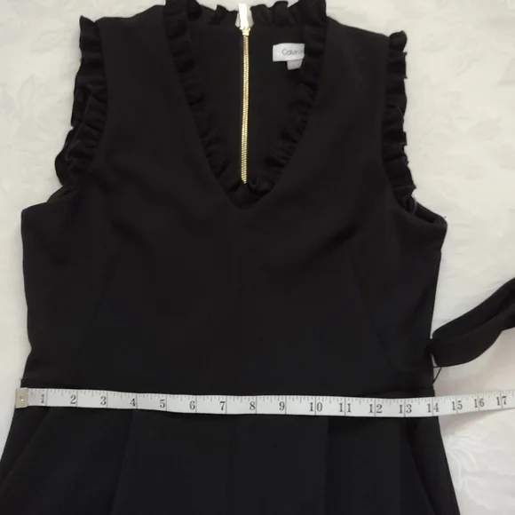 Calvin Klein ruffled v-neck belted wide leg jumpsuit